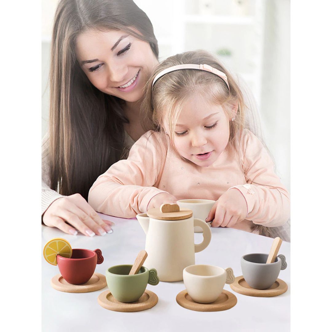 Holz und Silikon Teeset für Kinder – Buntes Spielzeug Teeservice mit Zubehör