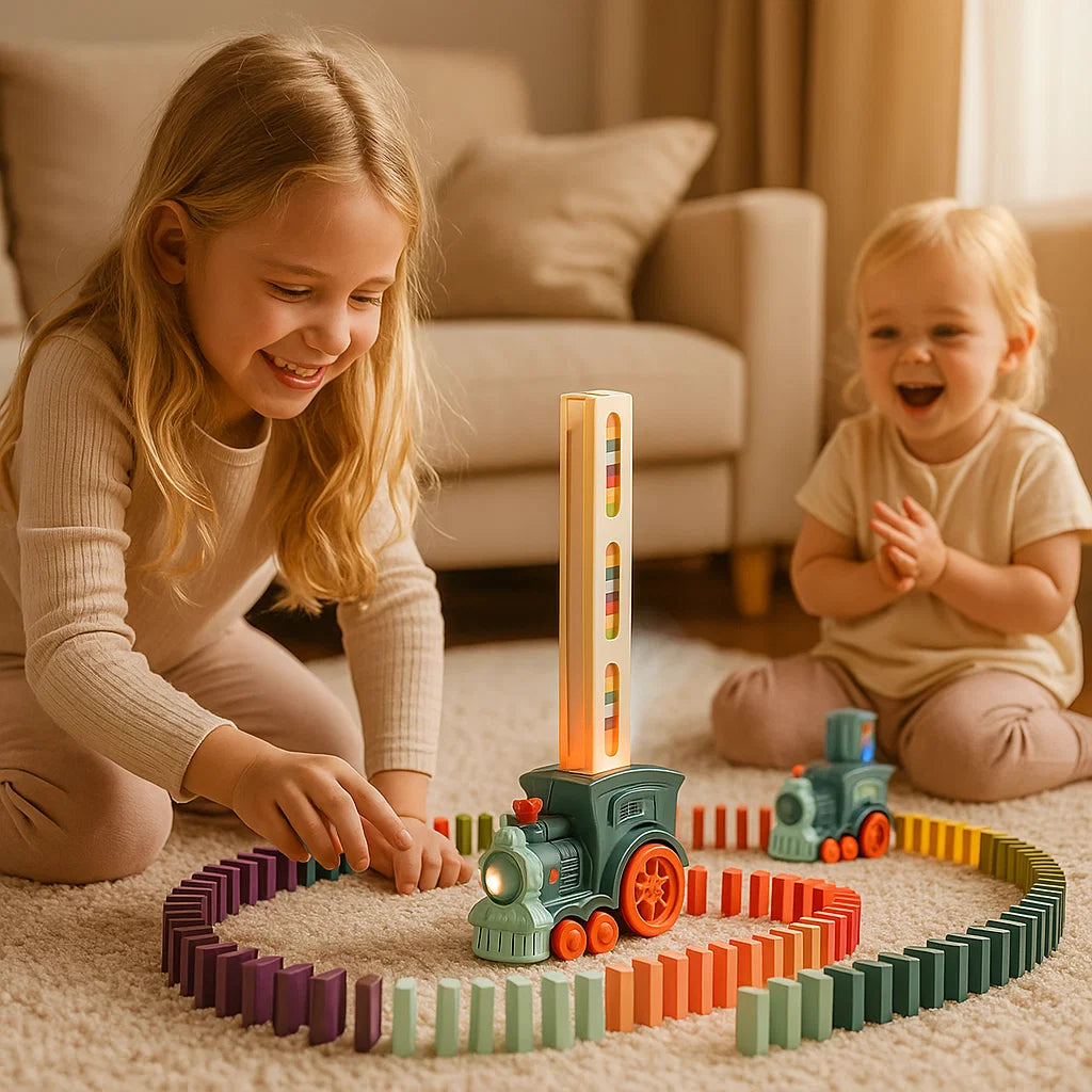 Domino-Zugspielzeug für Kinder ⎜ Automatische Gleisverlegung mit Licht und Sound für kreativen Lernspaß