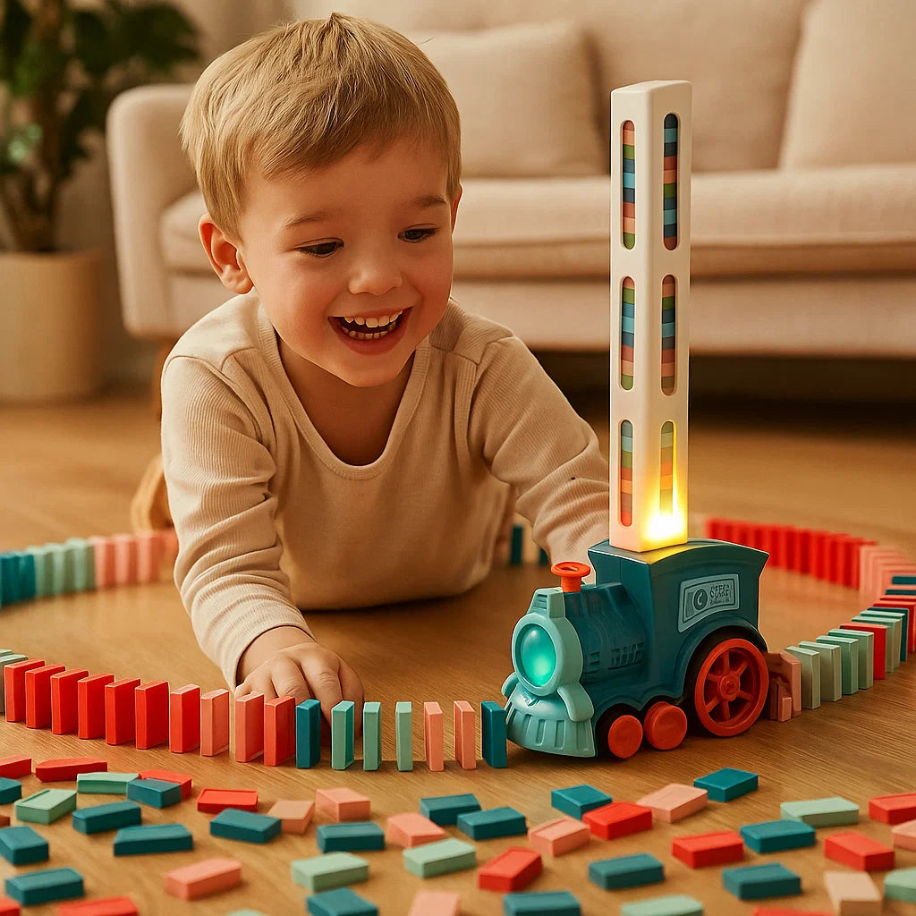 Domino-Zugspielzeug für Kinder ⎜ Automatische Gleisverlegung mit Licht und Sound für kreativen Lernspaß
