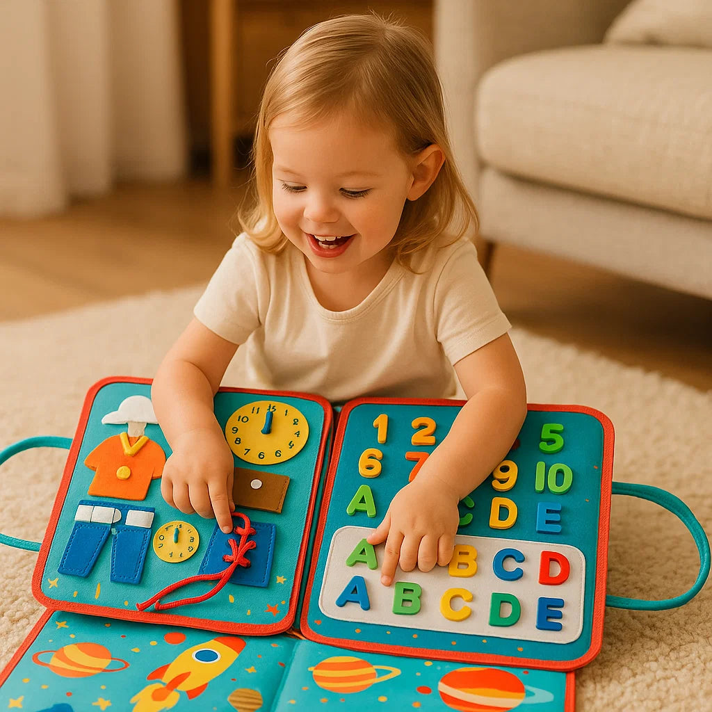 Montessori-Beschäftigungsbrett für Kleinkinder ⎜ Filz-Aktivitätsbuch zum Erlernen von Zahlen, Buchstaben und motorischen Fähigkeiten