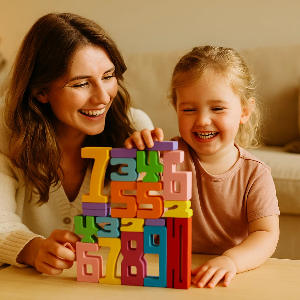 Holz-Zahlenklötze für Kinder ⎜ Buntes Stapelspielzeug zum Zählen, für logisches Denken und frühes Mathematiklernen