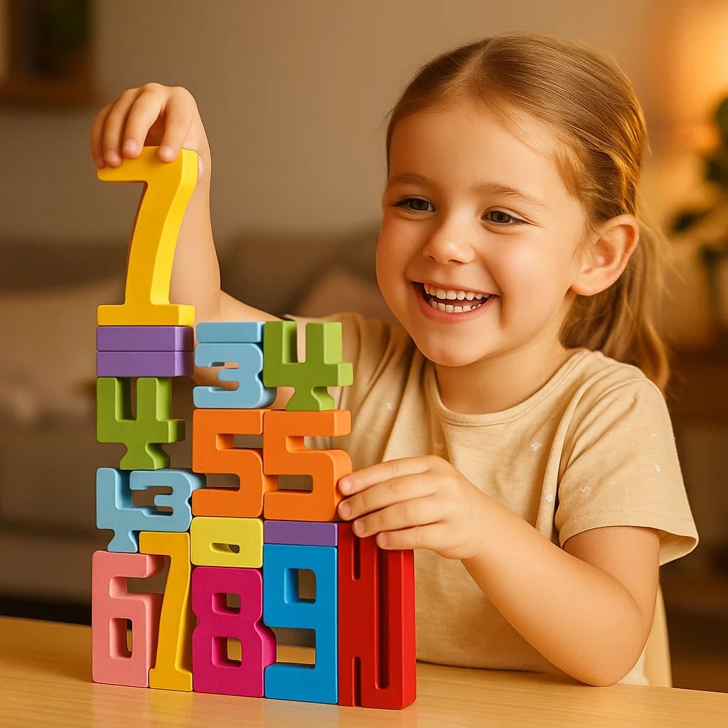 Holz-Zahlenklötze für Kinder ⎜ Buntes Stapelspielzeug zum Zählen, für logisches Denken und frühes Mathematiklernen