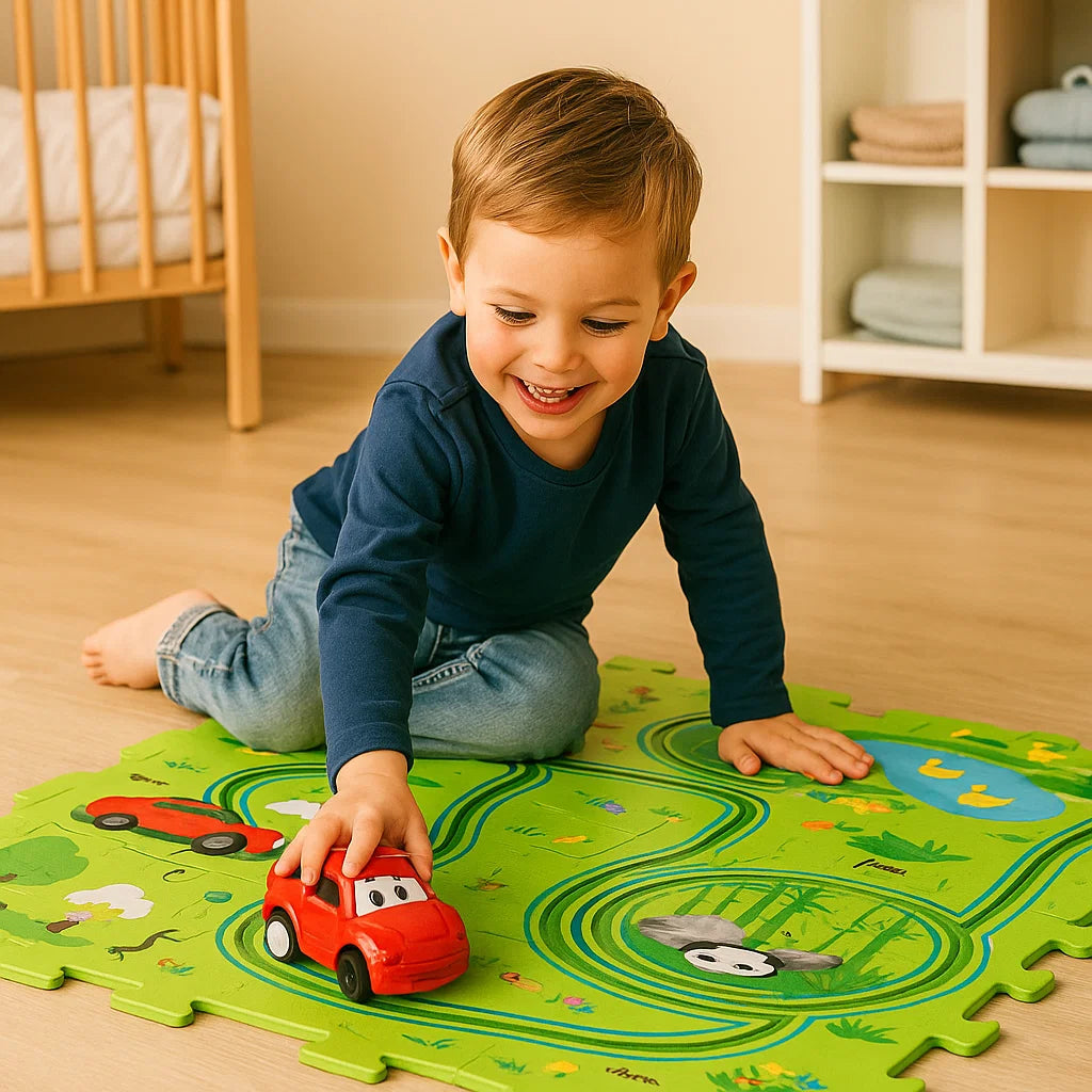 Puzzle Track Spielmatte für Kinder ⎜ Interaktives Bodenspiel mit verbindbaren Straßen für fantasievollen Rennspaß