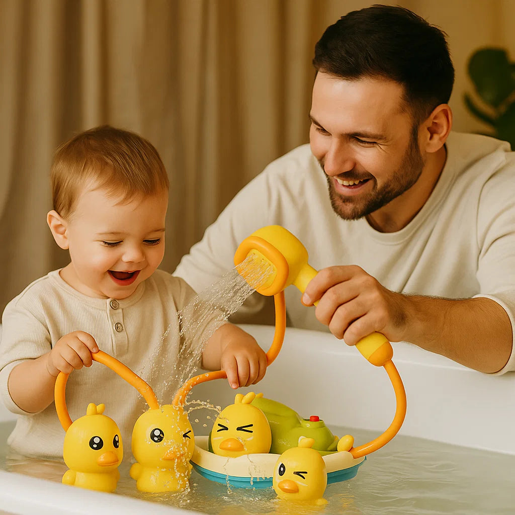 Baby-Badespielzeug-Set ⎜ Lustige Wasserspritzenten mit Motorboot für interaktives Spielen beim Baden