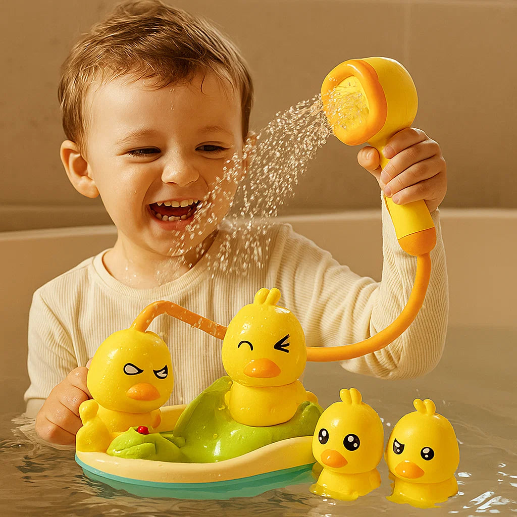 Baby-Badespielzeug-Set ⎜ Lustige Wasserspritzenten mit Motorboot für interaktives Spielen beim Baden