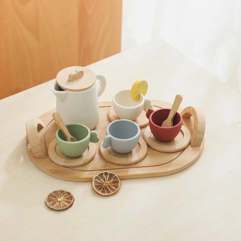 Holz und Silikon Teeset für Kinder – Buntes Spielzeug Teeservice mit Zubehör