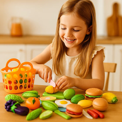 Obstschneide-Küchenspielset ⎜ Lernspielzeug für Kinder mit Korb und realistischen Gemüsesorten für Rollenspiele