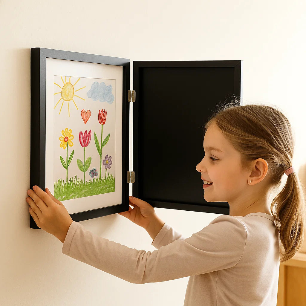 Kinderkunst-Bilderrahmen ⎜ Aufklappbarer Bilderrahmen mit Stauraum für Zeichnungen und kreative Projekte