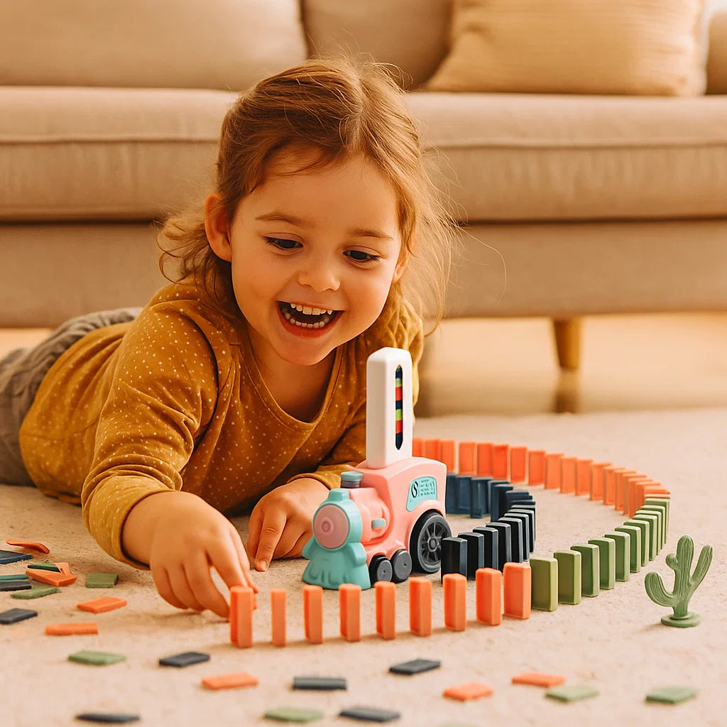 Domino-Zugspielzeug für Kinder ⎜ Automatische Gleisverlegung mit Licht und Sound für kreativen Lernspaß