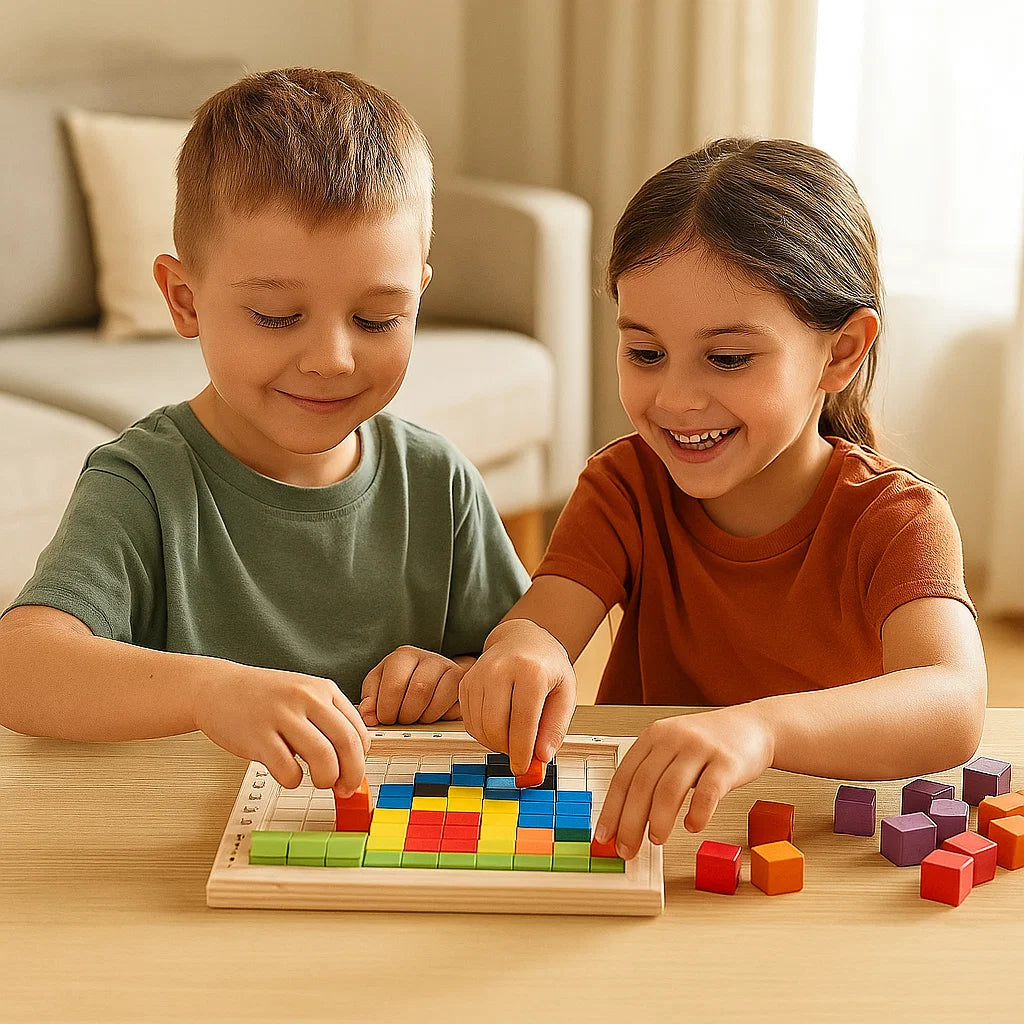 Holzpixel-Puzzlespiel für Kinder ⎜ Farbsortierblöcke mit Gitterbrett für Logik und Mustererkennung