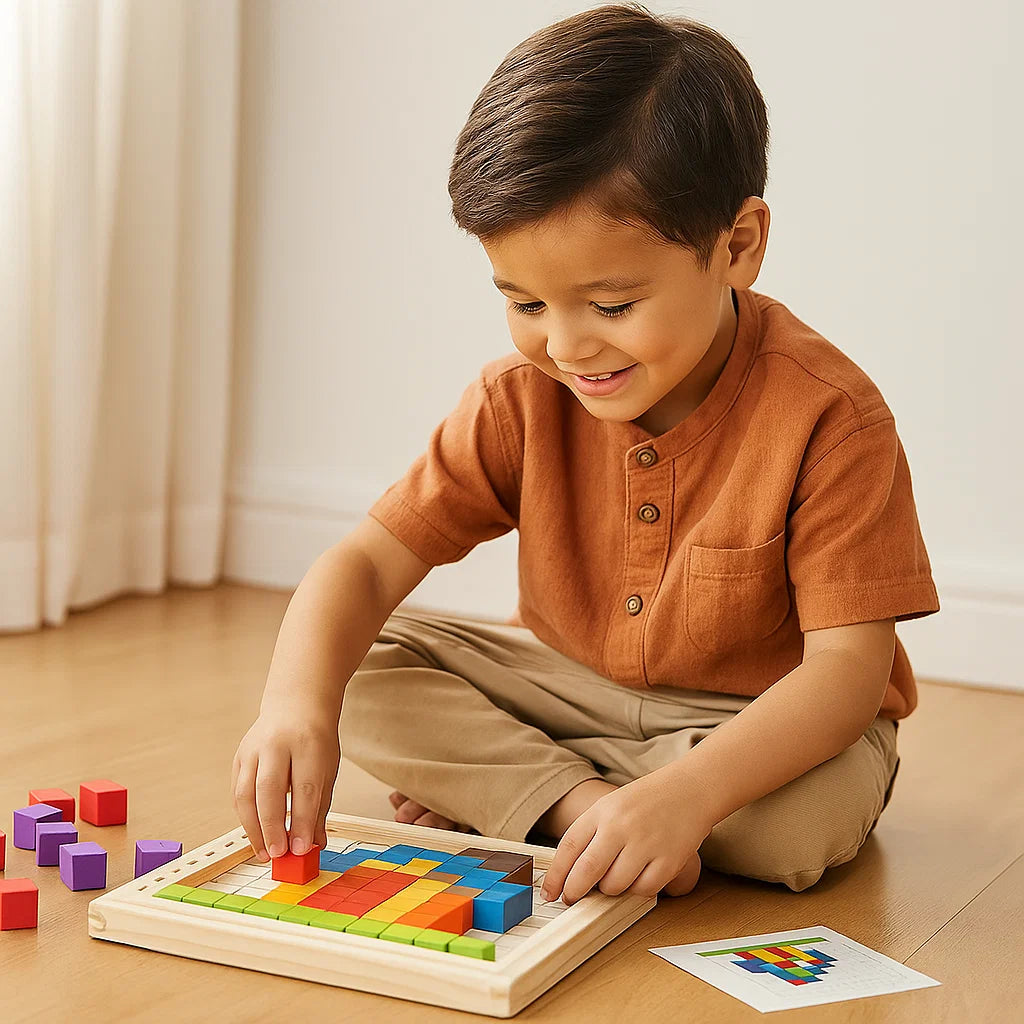 Holzpixel-Puzzlespiel für Kinder ⎜ Farbsortierblöcke mit Gitterbrett für Logik und Mustererkennung