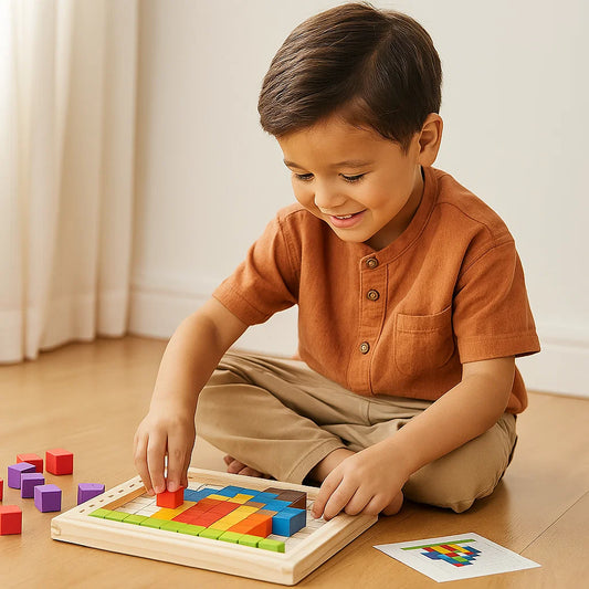 Holzpixel-Puzzlespiel für Kinder ⎜ Farbsortierblöcke mit Gitterbrett für Logik und Mustererkennung