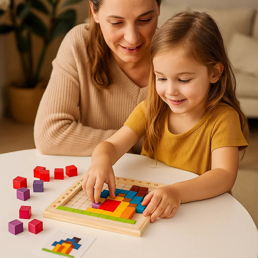 Holzpixel-Puzzlespiel für Kinder ⎜ Farbsortierblöcke mit Gitterbrett für Logik und Mustererkennung