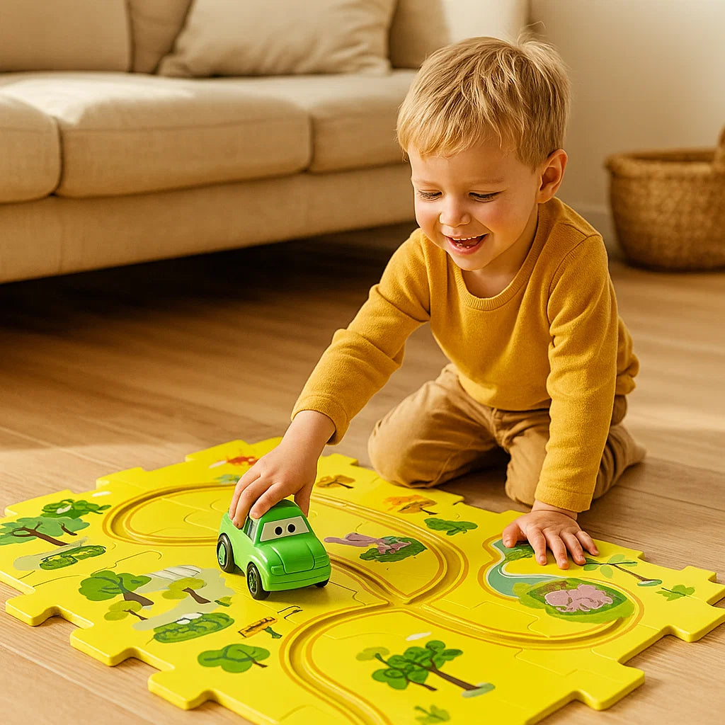 Puzzle Track Spielmatte für Kinder ⎜ Interaktives Bodenspiel mit verbindbaren Straßen für fantasievollen Rennspaß