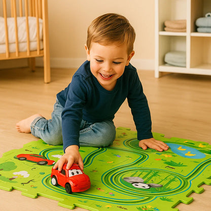 Puzzle Track Spielmatte für Kinder ⎜ Interaktives Bodenspiel mit verbindbaren Straßen für fantasievollen Rennspaß