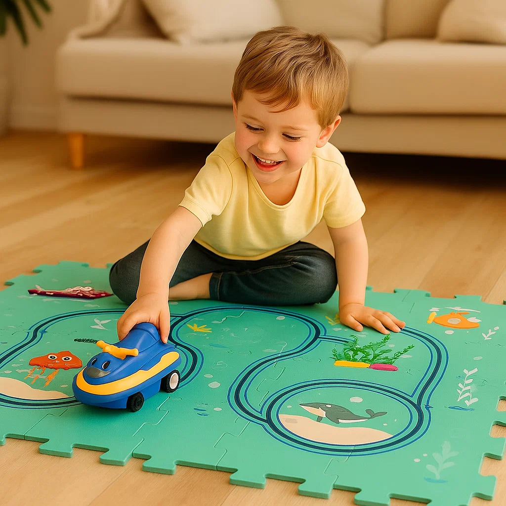 Puzzle Track Spielmatte für Kinder ⎜ Interaktives Bodenspiel mit verbindbaren Straßen für fantasievollen Rennspaß