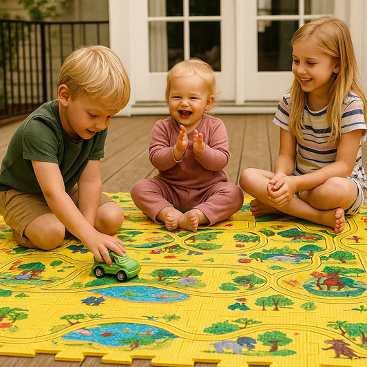 Puzzle Track Spielmatte für Kinder ⎜ Interaktives Bodenspiel mit verbindbaren Straßen für fantasievollen Rennspaß