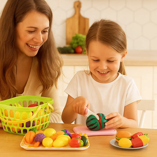 Obstschneide-Küchenspielset ⎜ Lernspielzeug für Kinder mit Korb und realistischen Gemüsesorten für Rollenspiele