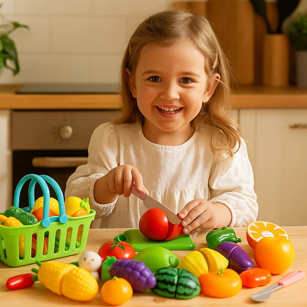 Obstschneide-Küchenspielset ⎜ Lernspielzeug für Kinder mit Korb und realistischen Gemüsesorten für Rollenspiele