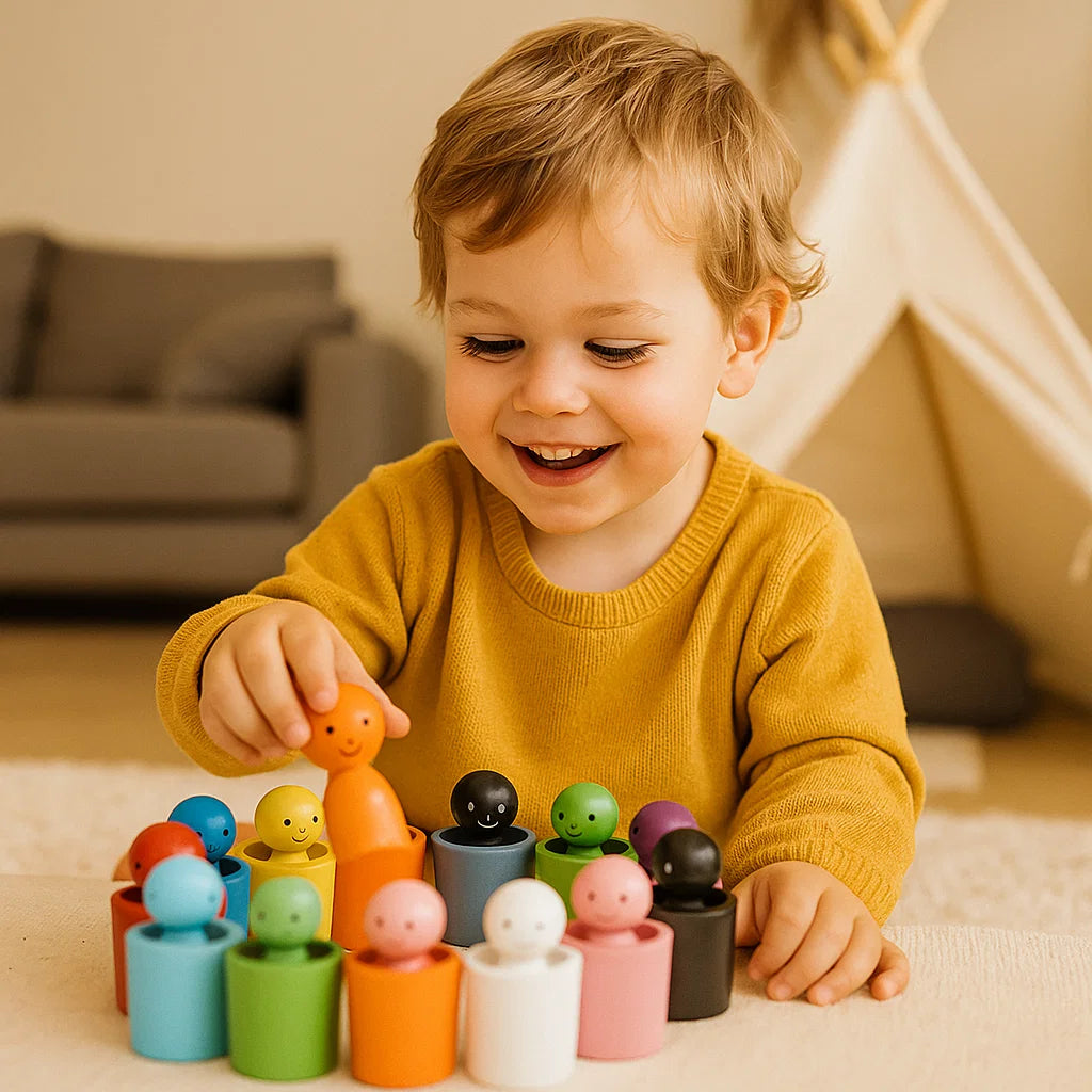 Holzspielzeug zum Farbsortieren für Kinder ⎜ Sortierspiel mit Steckpuppen und Bechern für die Feinmotorik und das visuelle Lernen