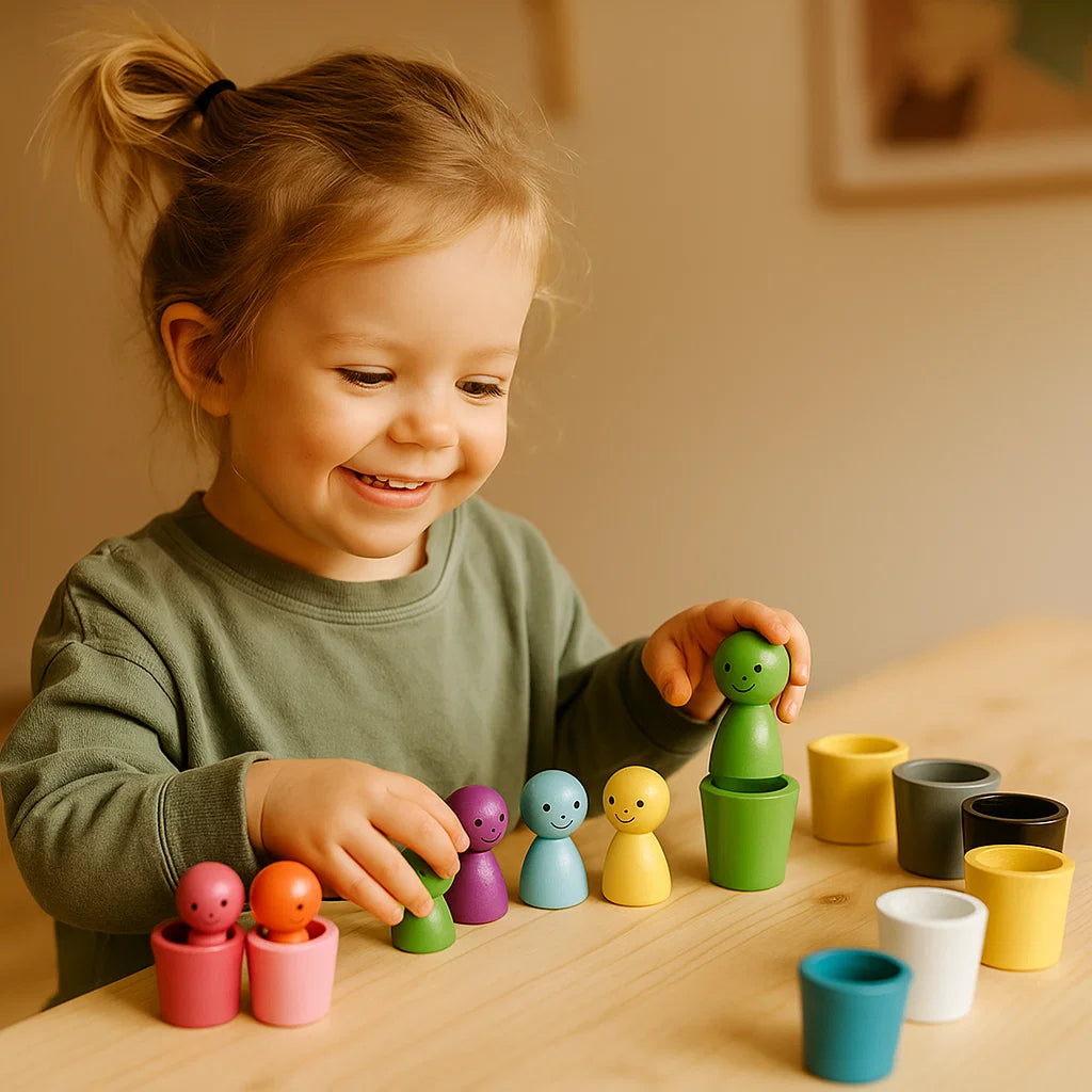Holzspielzeug zum Farbsortieren für Kinder ⎜ Sortierspiel mit Steckpuppen und Bechern für die Feinmotorik und das visuelle Lernen
