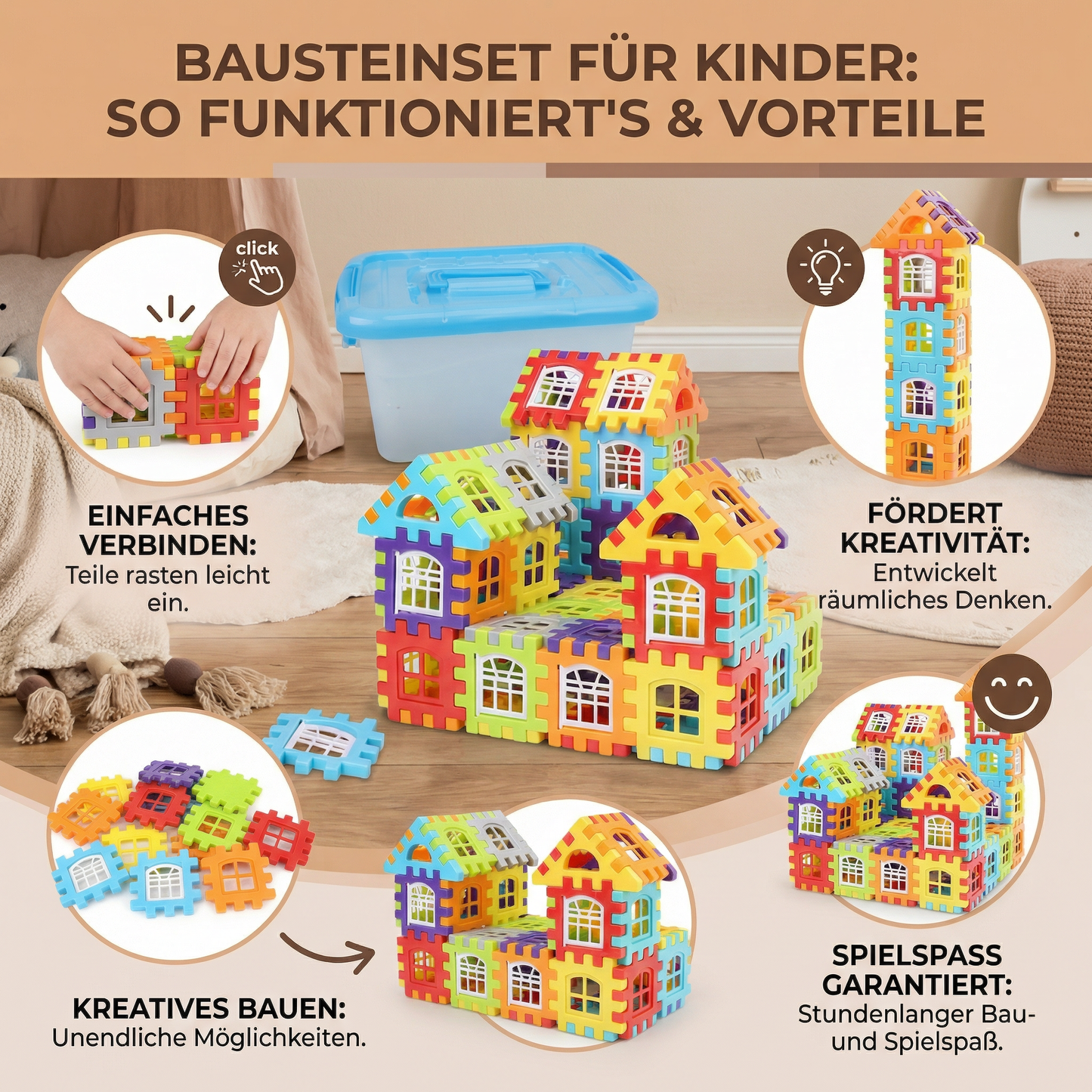 Bausteinset für Kinder ⎜ Kreatives Konstruktionsspielzeug mit Fenstern