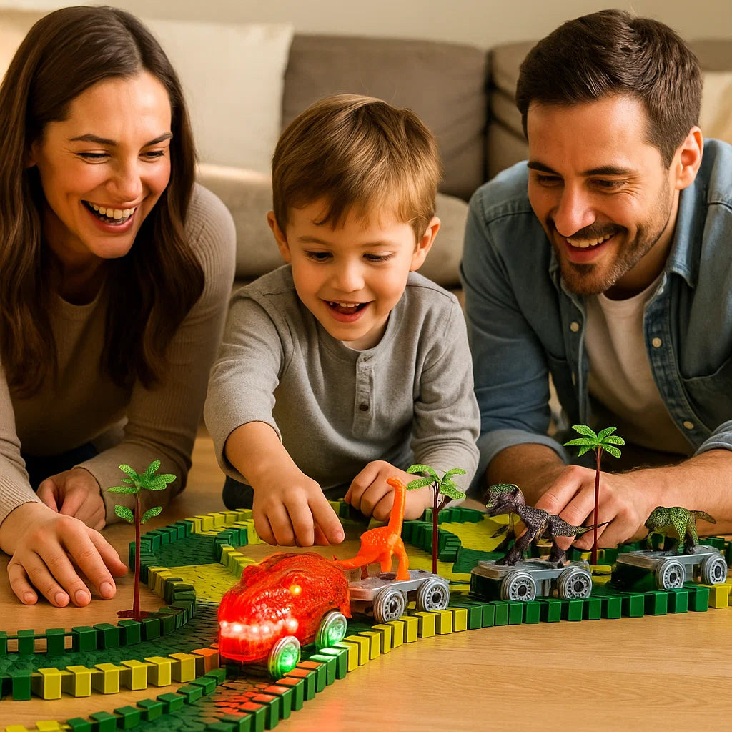 Dinosaurier Strecken Abenteuer – Flexible Rennbahn mit leuchtendem Zug