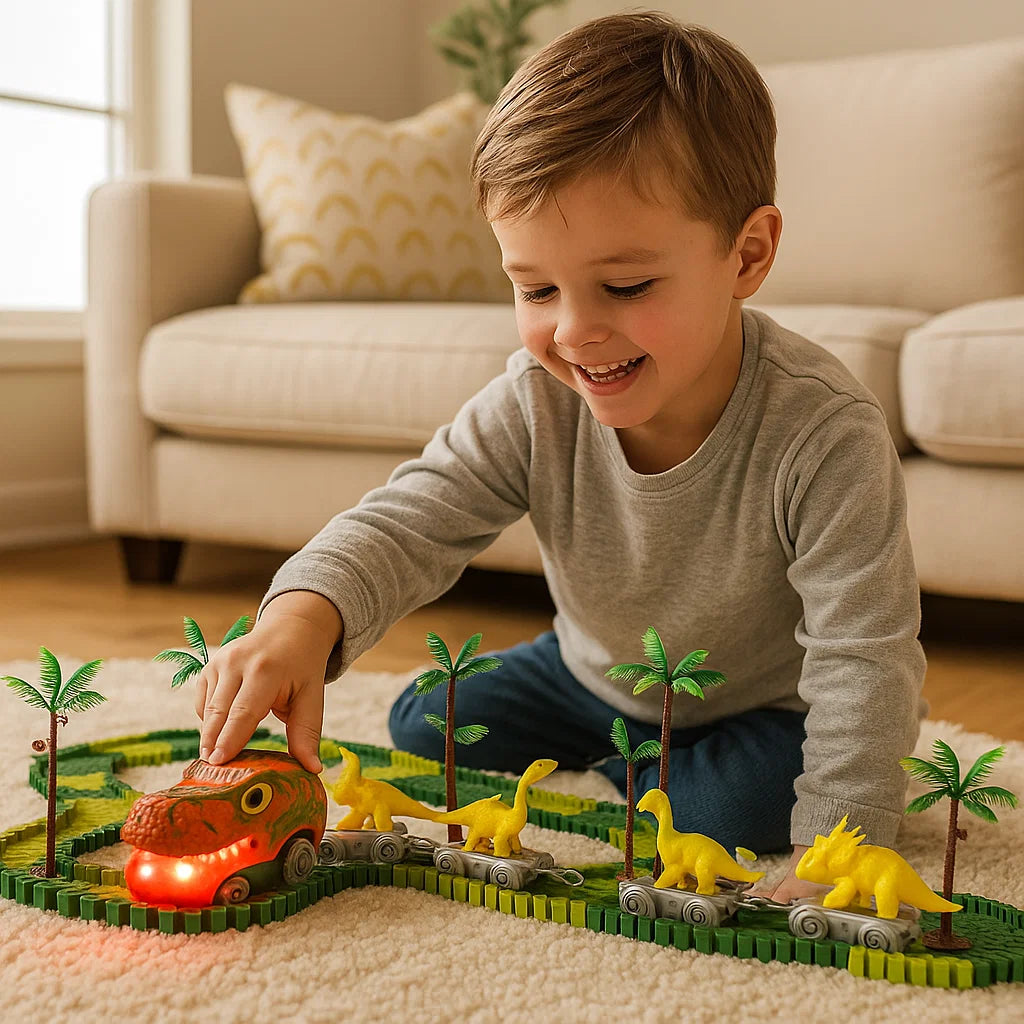 Dinosaurier Strecken Abenteuer – Flexible Rennbahn mit leuchtendem Zug