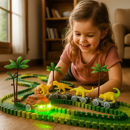 Dinosaurier Strecken Abenteuer – Flexible Rennbahn mit leuchtendem Zug