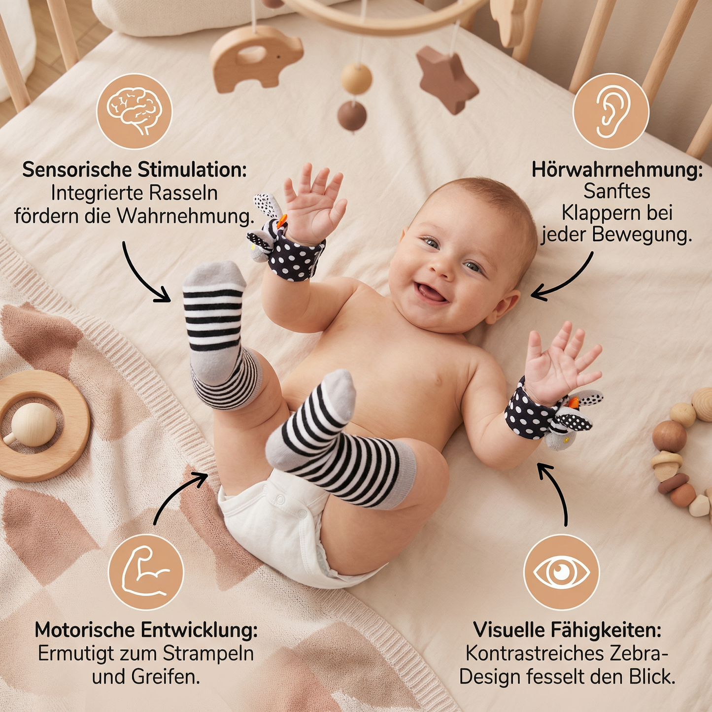 Sensorische Baby Plüschsocken und Armband