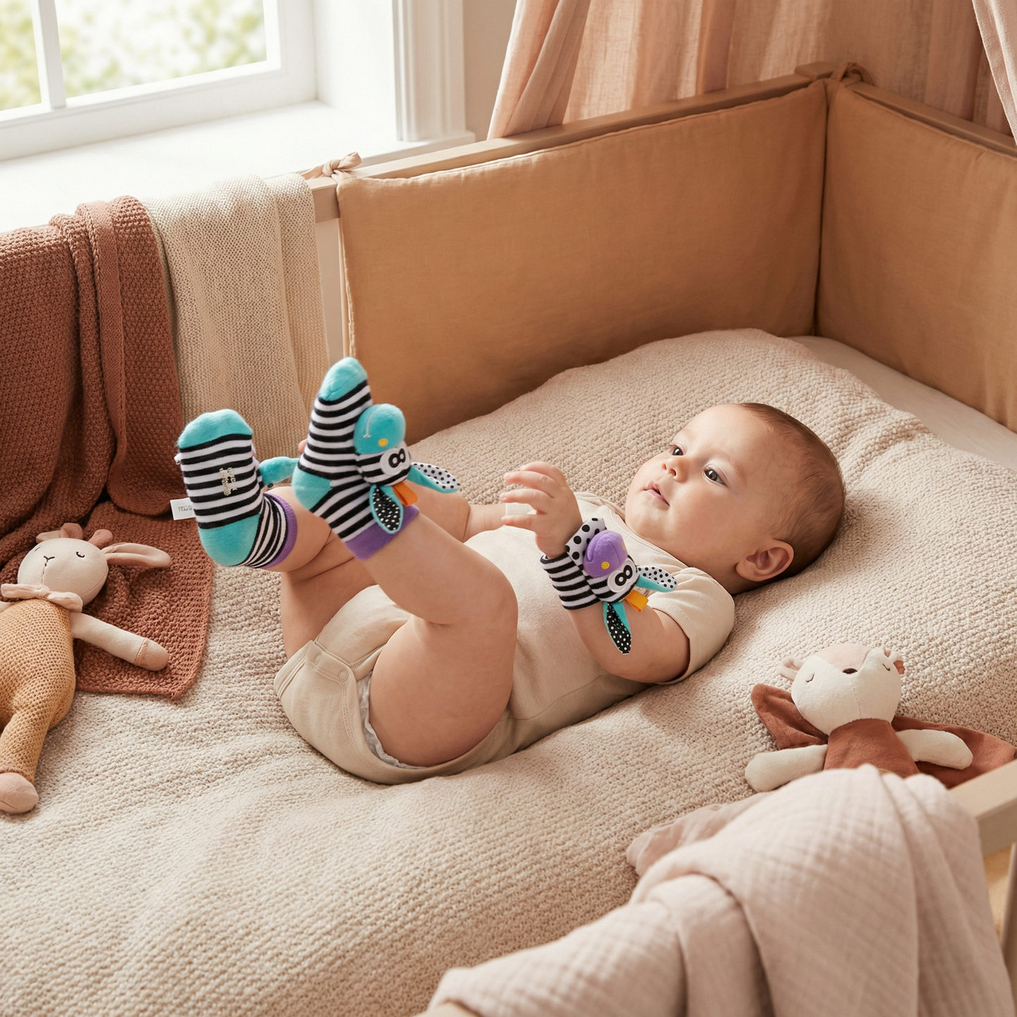 Sensorische Baby Plüschsocken und Armband