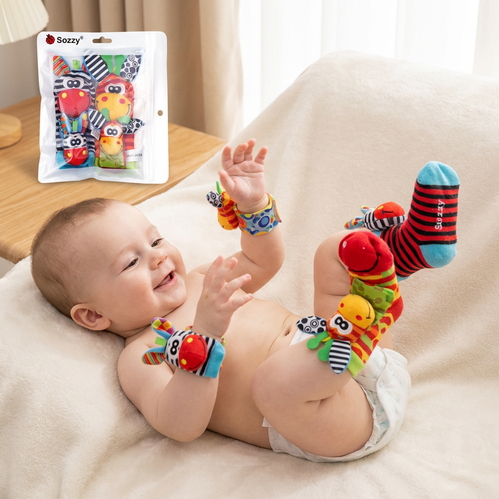 Sensorische Baby Plüschsocken und Armband