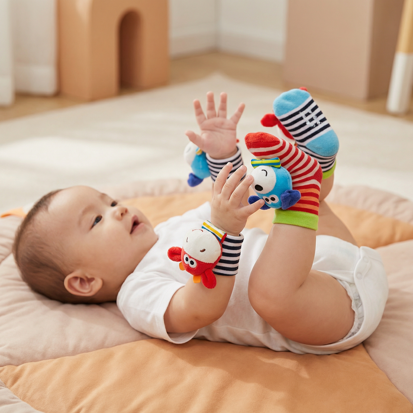Sensorische Baby Plüschsocken und Armband