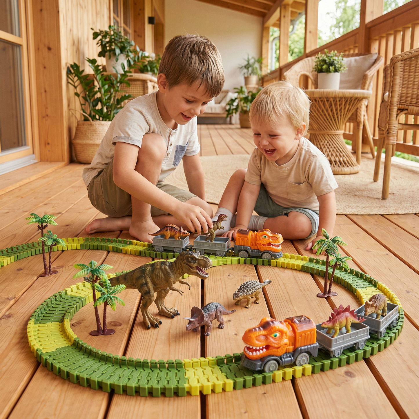 Dinosaurier Strecken Abenteuer – Flexible Rennbahn mit leuchtendem Zug