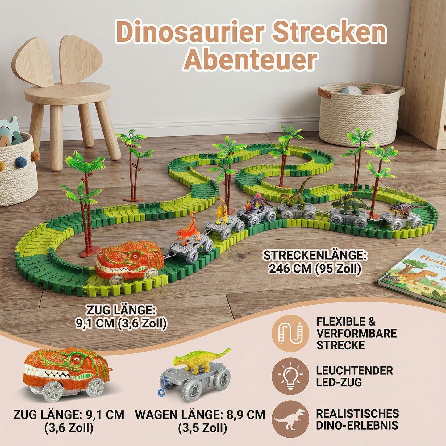 Dinosaurier Strecken Abenteuer – Flexible Rennbahn mit leuchtendem Zug