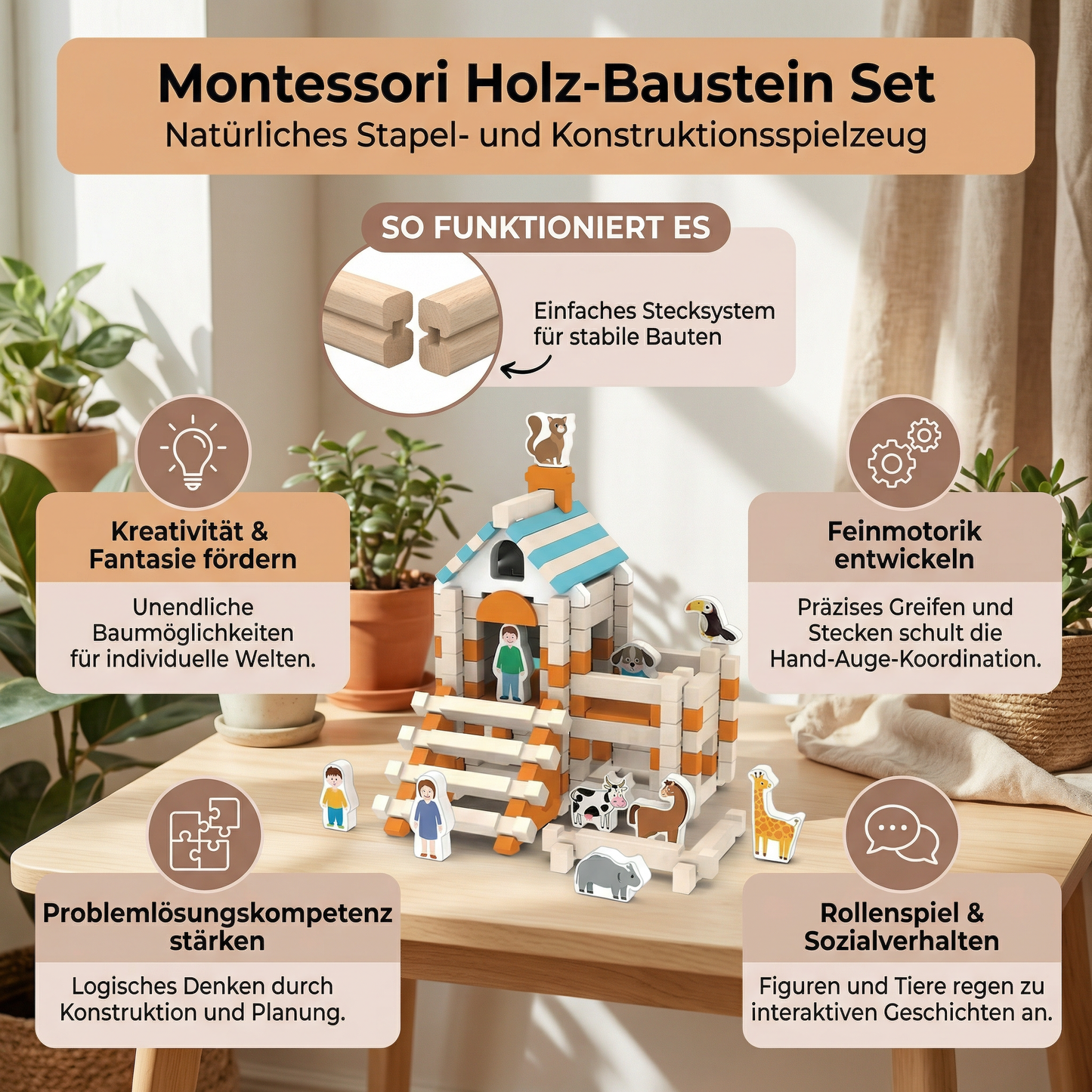 Montessori Holz-Baustein Set – Natürliches Stapel- und Konstruktionsspielzeug