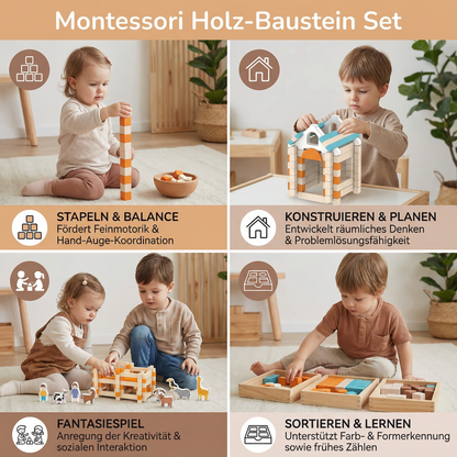 Montessori Holz-Baustein Set – Natürliches Stapel- und Konstruktionsspielzeug